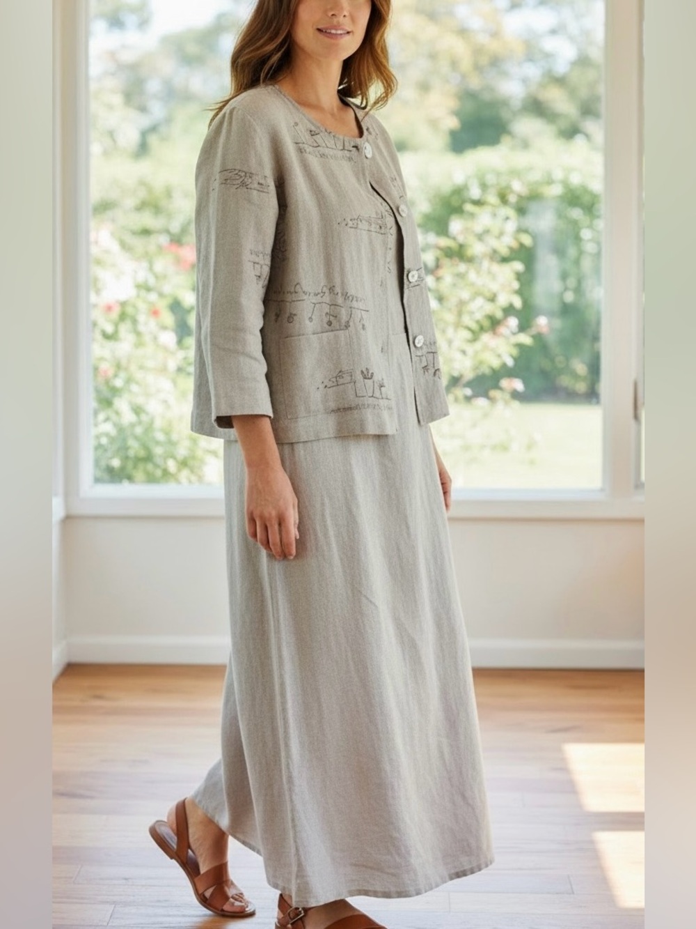 VTG Carol Anderson Taupe Linen Embroidered Maxi Dress & Jacket - Extra Large